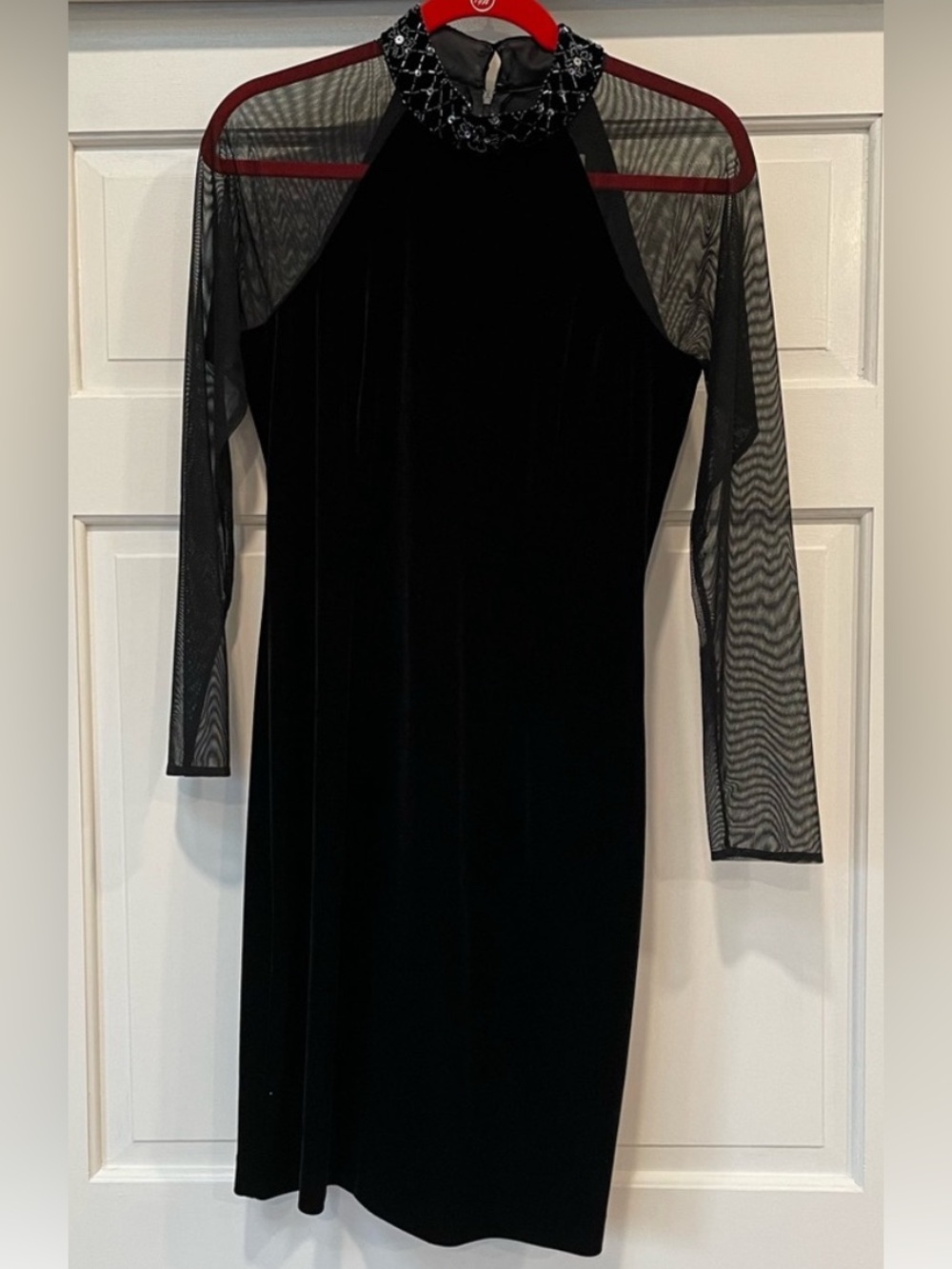 Vintage 90s Jessica Howard Black Mesh Sleeve Beaded Midi Dress